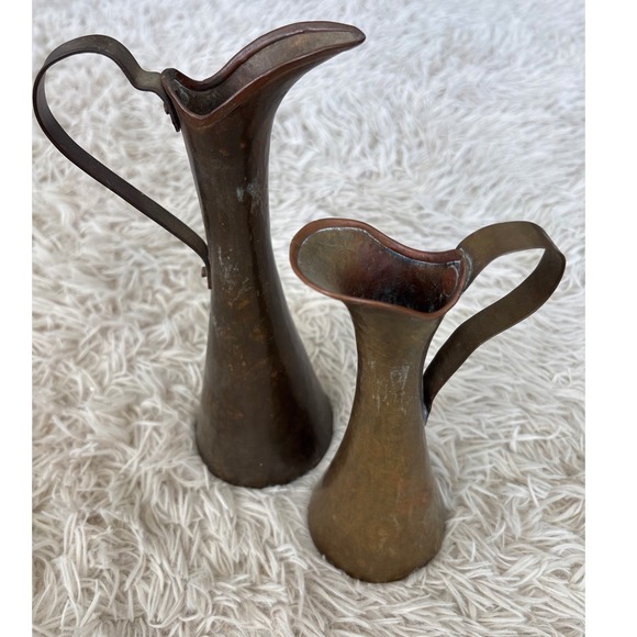 Vintage Hammered Brass Pitcher Vase Set Small Tall Ornate Mid Century 2 pieces
